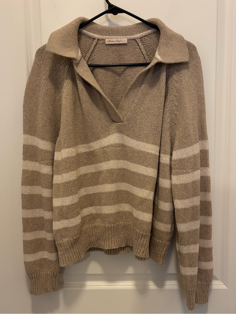 Marine Layer Taupe and Cream Striped V-Neck Polo Sweater